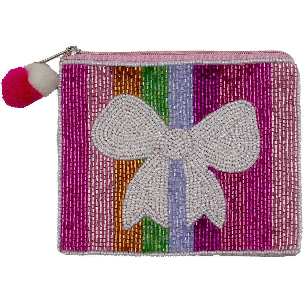 Multi stripe Bow Beaded Coin Pouch