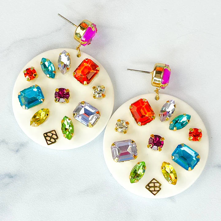 WHITE ROUND DROP EARRINGS WITH RAINBOW CRYSTALS