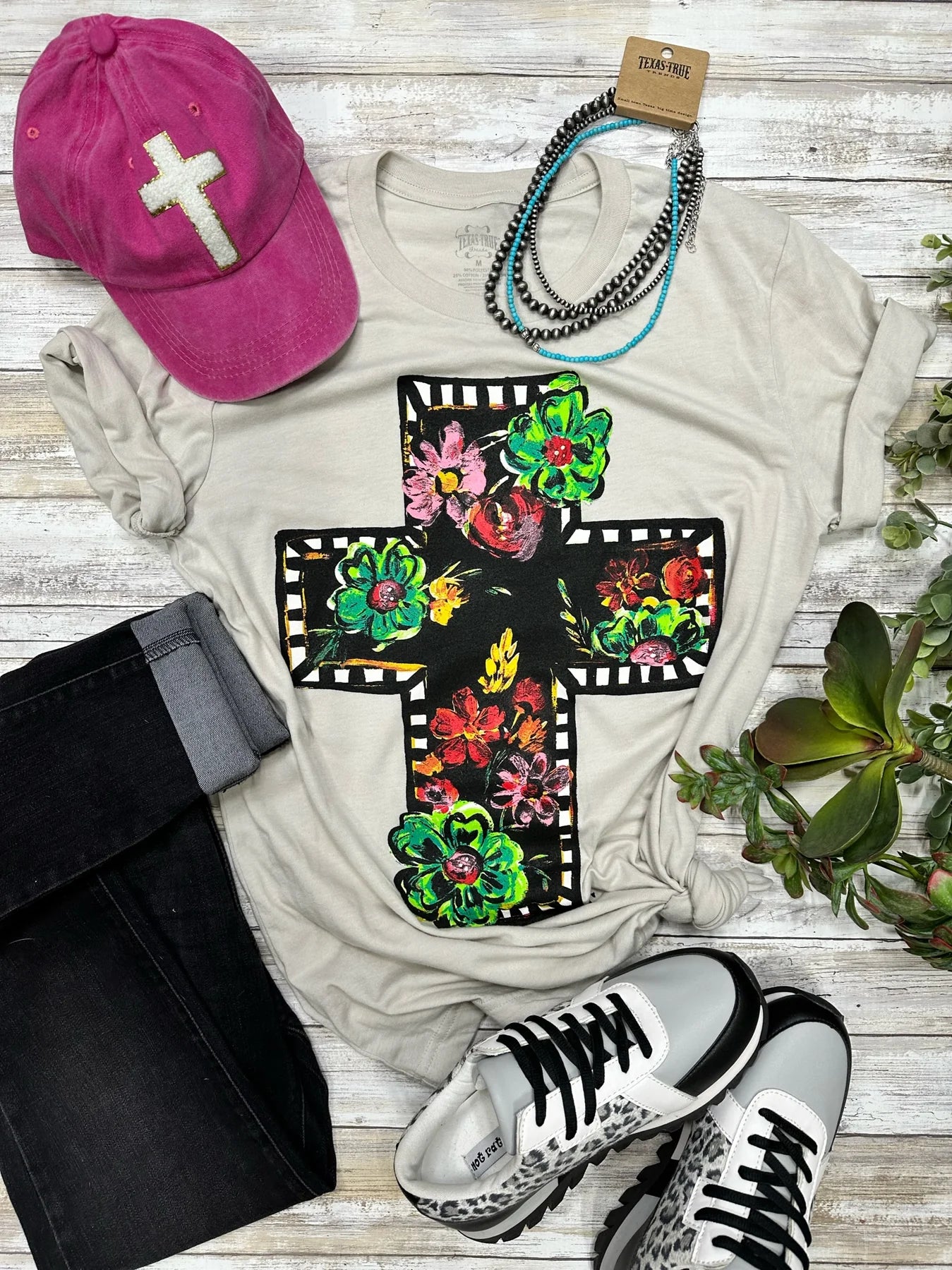 CALLIE'S BLACK FLORAL CROSS TEE HEATHER DUST