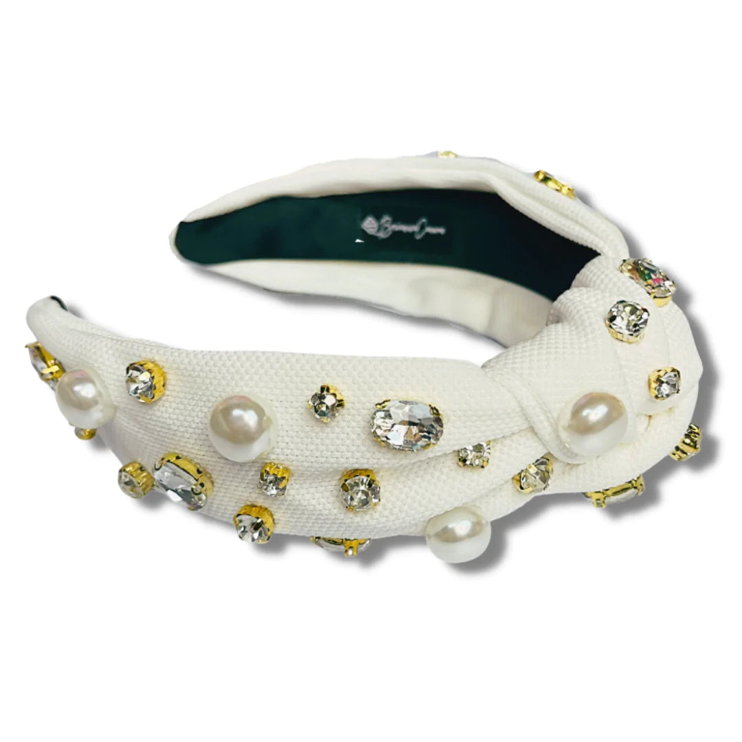 WHITE TWILL HEADBAND WITH LARGE PEARLS AND CRYSTALS