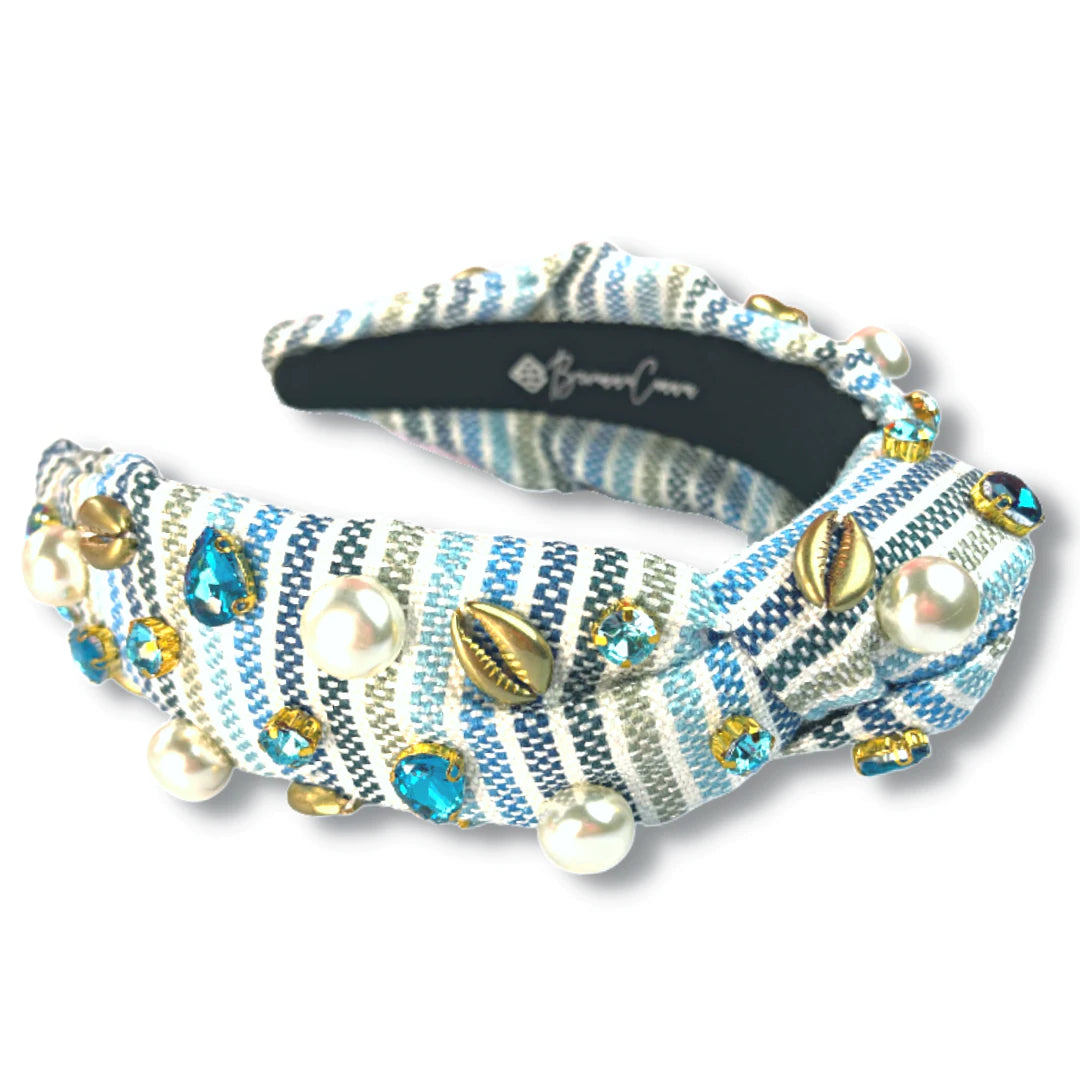 BRIANNA CANNON SEASIDE STRIPE HEADBAND WITH SHELLS, CRYSTALS, & PEARLS