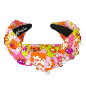 BRIANNA CANNON PINK & ORANGE RETRO FLORAL HEADBAND WITH CRYSTALS & PEARLS