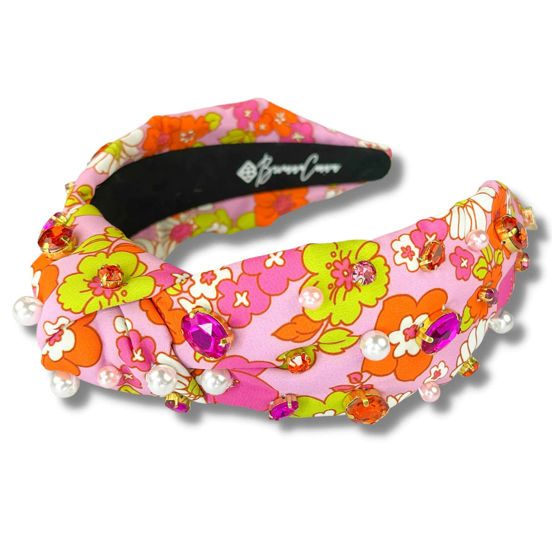 BRIANNA CANNON PINK & ORANGE RETRO FLORAL HEADBAND WITH CRYSTALS & PEARLS