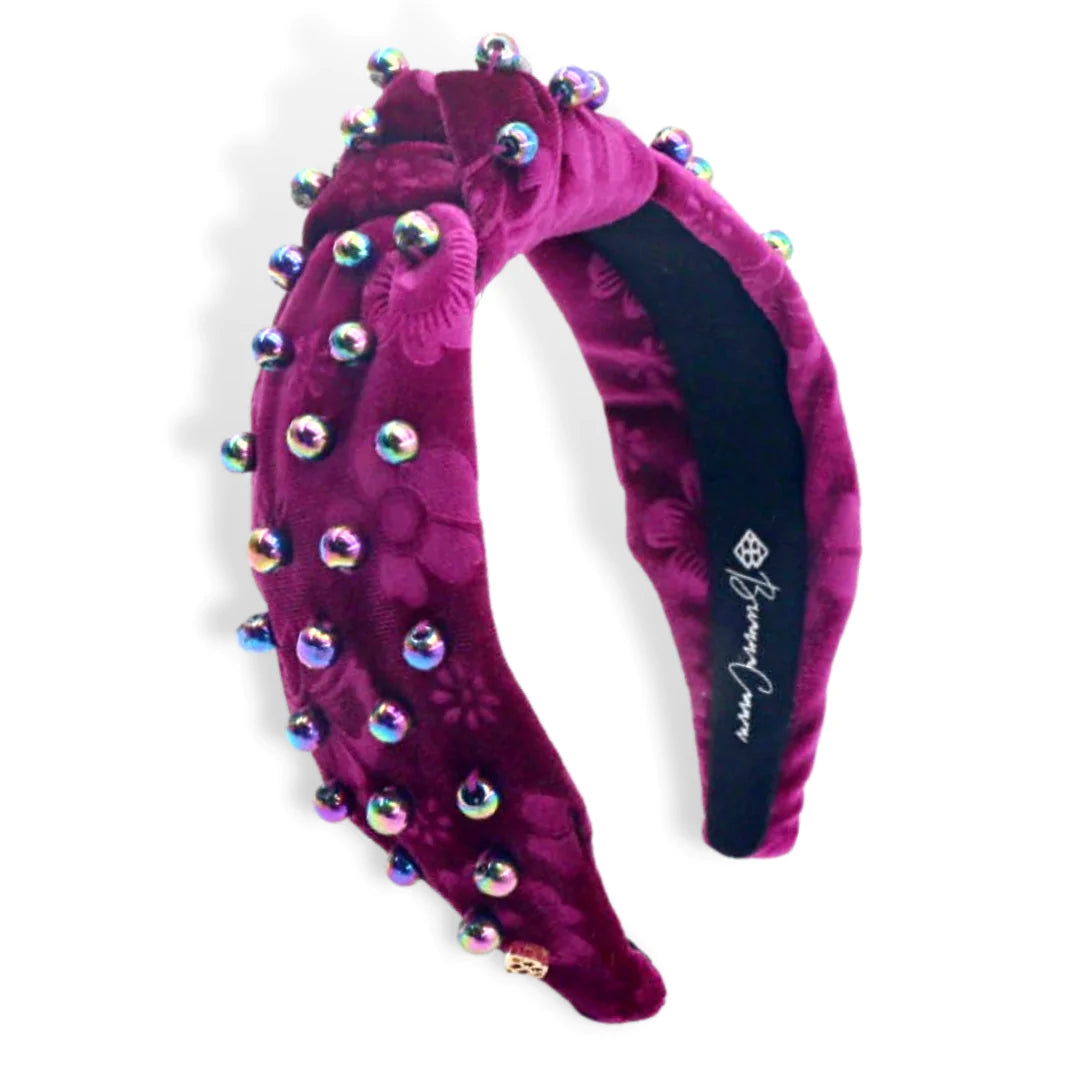 FUCHSIA FLORAL VELVET HEADBAND WITH IRIDESCENT BEADS