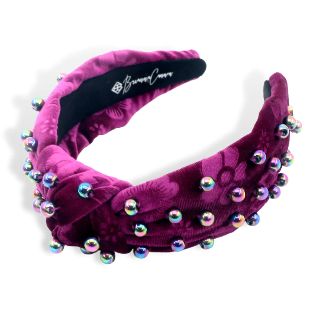 FUCHSIA FLORAL VELVET HEADBAND WITH IRIDESCENT BEADS