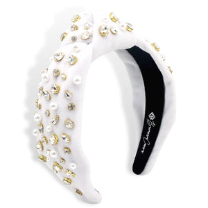 WHITE VELVET KNOTTED HEADBAND WITH CRYSTALS & PEARLS