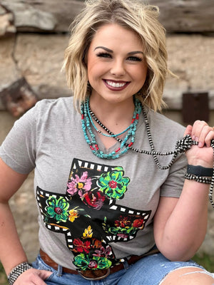 CALLIE'S BLACK FLORAL CROSS TEE GRAY