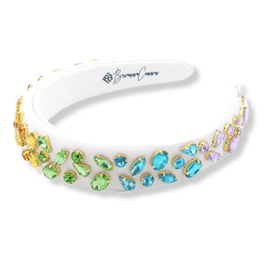 WHITE VELVET THIN HEADBAND WITH RAINBOW GRADIENT HAND-SEWN CRYSTALS