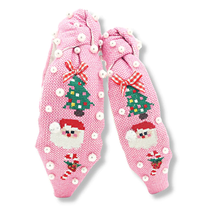 CHILDREN SIZE PINK CHRISTMAS CROSS-STITCH HEADBAND WITH PEARLS