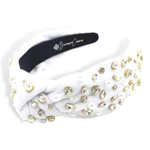 WHITE VELVET KNOTTED HEADBAND WITH CRYSTALS & PEARLS
