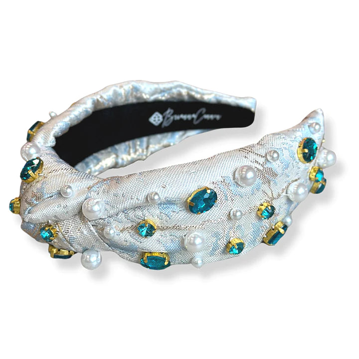 BRIANNA CANNON BLUE JACQUARD METALLIC HEADBAND WITH CRYSTALS AND PEARLS