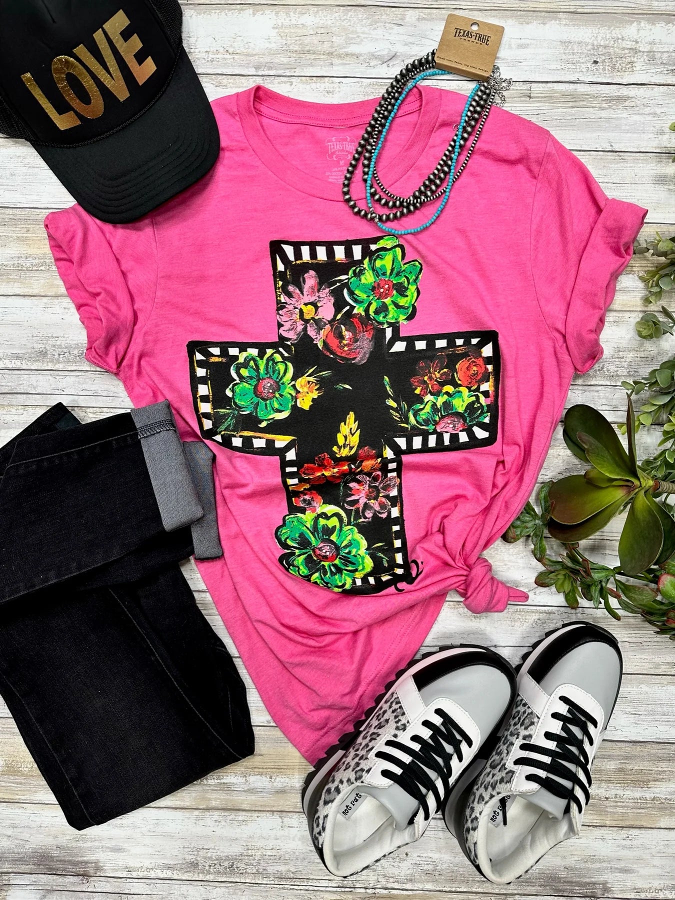 CALLIE'S BLACK FLORAL CROSS TEE PINK