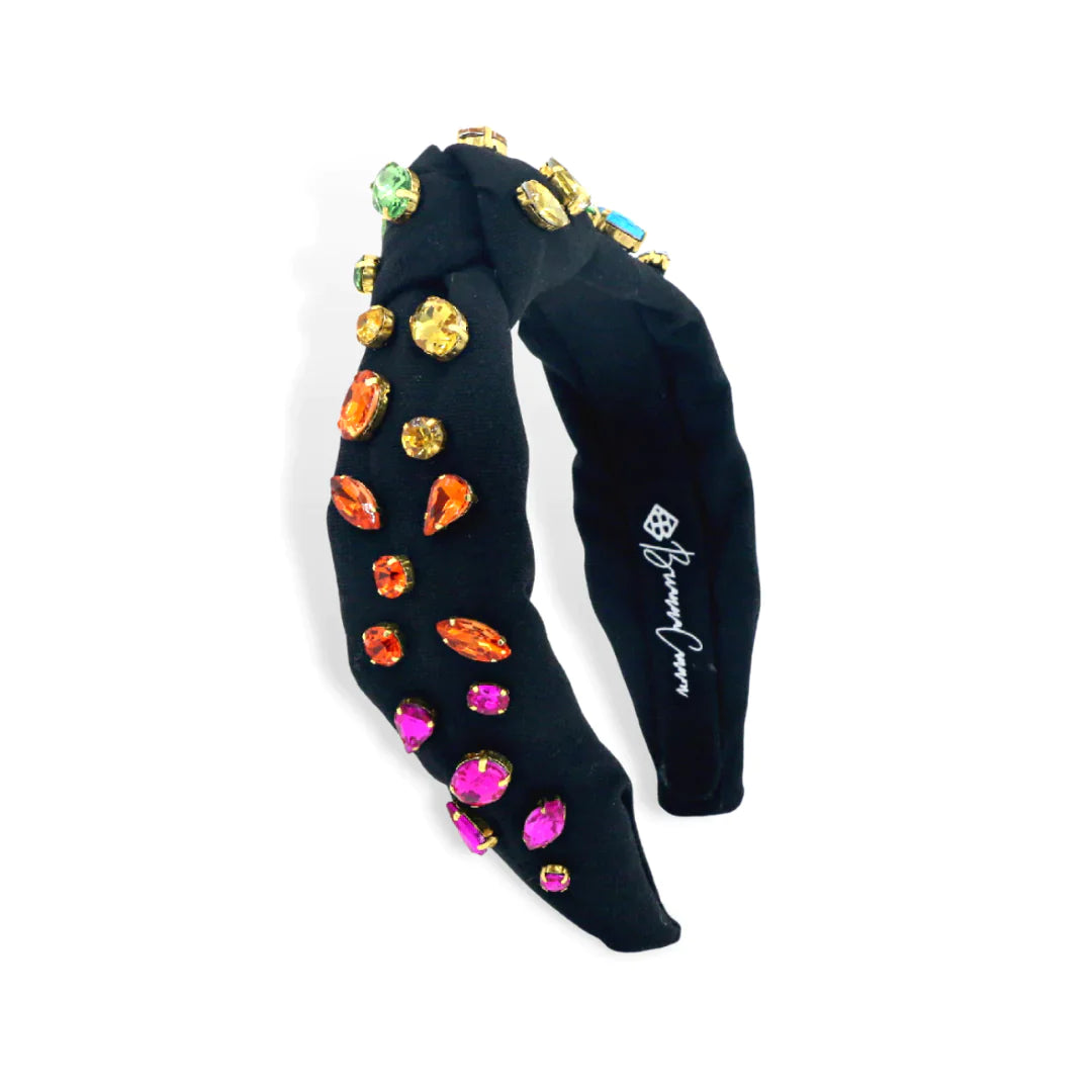 CHILD SIZE BLACK RAINBOW GRADIENT HEADBAND WITH HAND-SEWN CRYSTALS