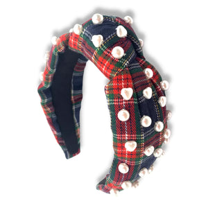 NAVY TARTAN PLAID HEADBAND WITH HEART PEARLS