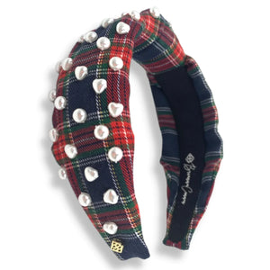 NAVY TARTAN PLAID HEADBAND WITH HEART PEARLS