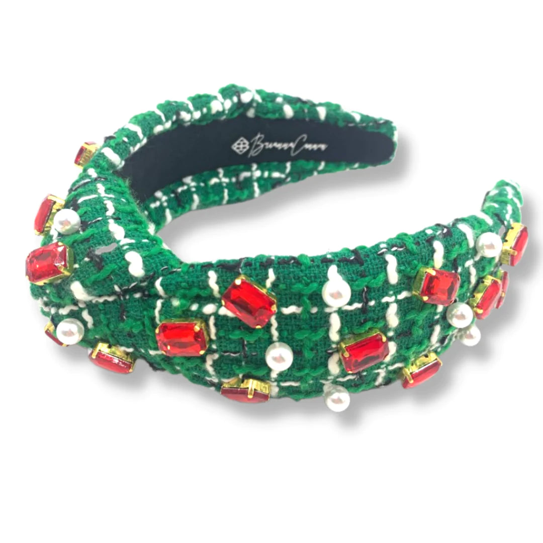 GREEN & WHITE TWEED HEADBAND WITH RED CRYSTALS & PEARLS