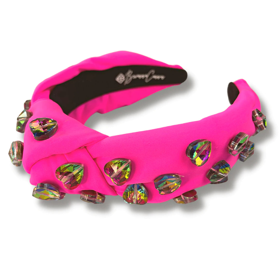 BRIANNA CANNON NEON PINK HEADBAND WITH RAINBOW HEART CRYSTALS