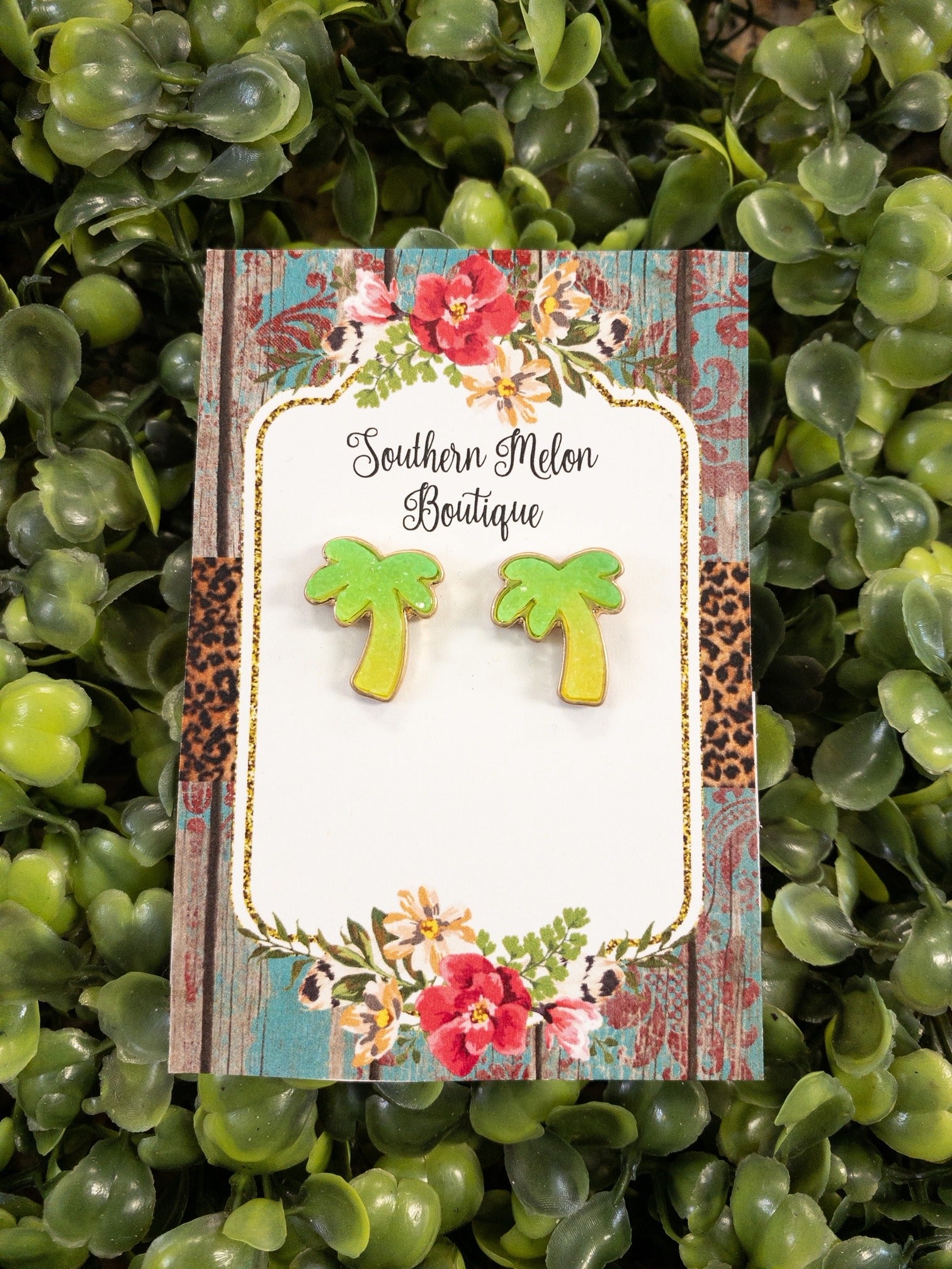 LIME GREEN PALM TREE STUDS