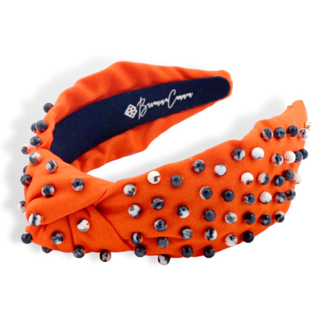 ORANGE TWILL HEADBAND WITH BLACK & WHITE HAND-SEWN BEADS