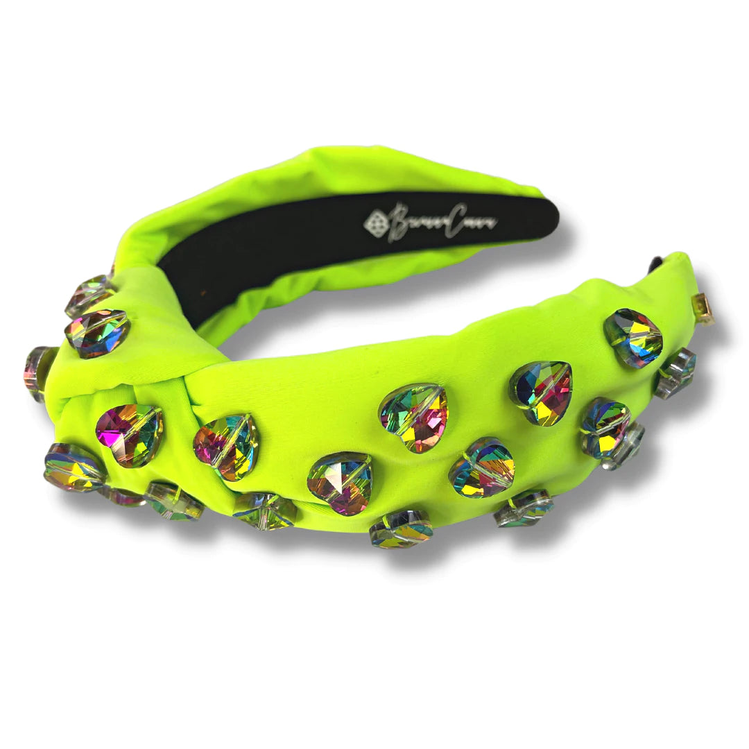 BRIANNA CANNON NEON GREEN HEADBAND WITH RAINBOW HEART CRYSTALS