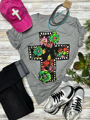 CALLIE'S BLACK FLORAL CROSS TEE GRAY