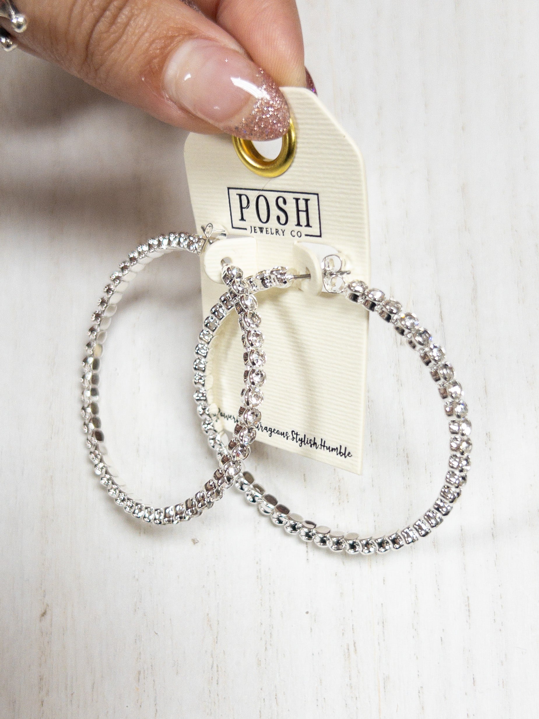 POSH RHINESTONE SILVER HOOPS