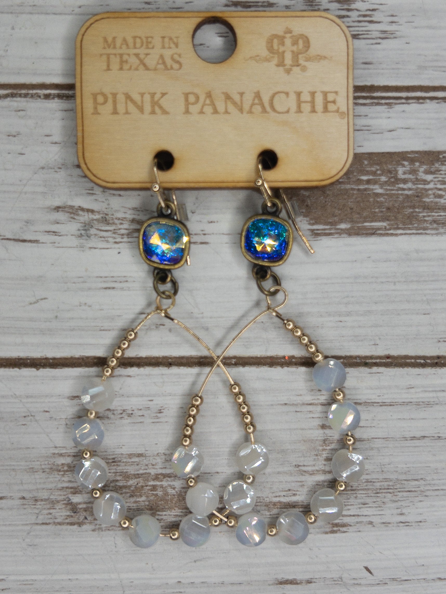 BRONZE IRIDESCENT BLUE TEARDROP PINK PANACHE DANGLES