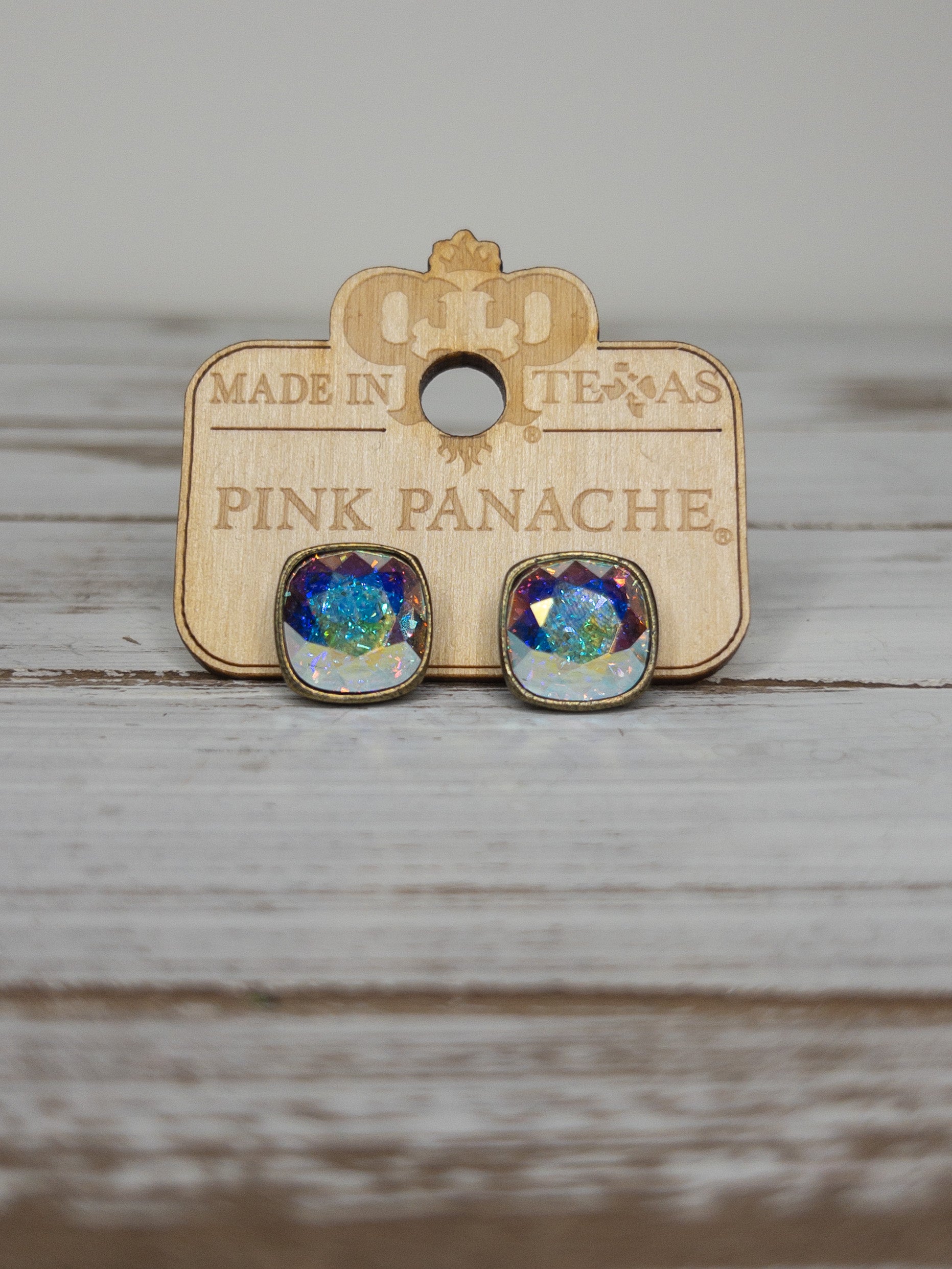 BRONZE TRIM LARGE IRIDESCENT MULTI PINK PANACHE STUDS