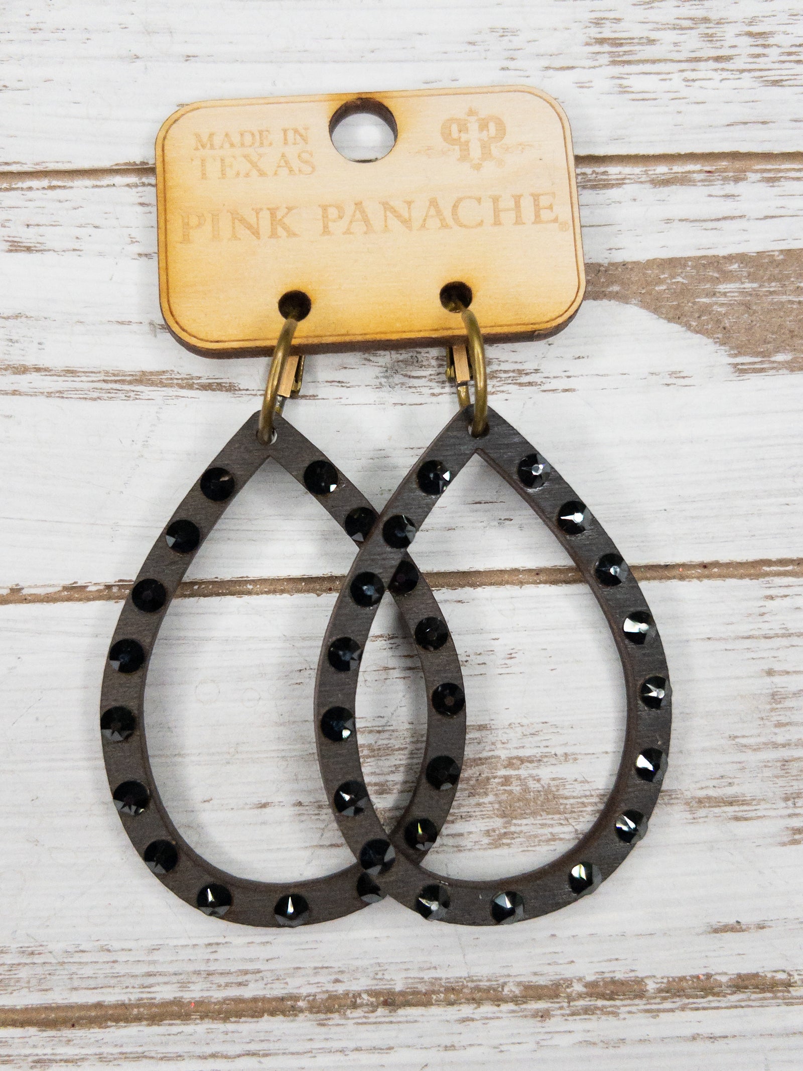 WOODEN BLACK GEM PINK PANACHE TEARDROP DANGLES