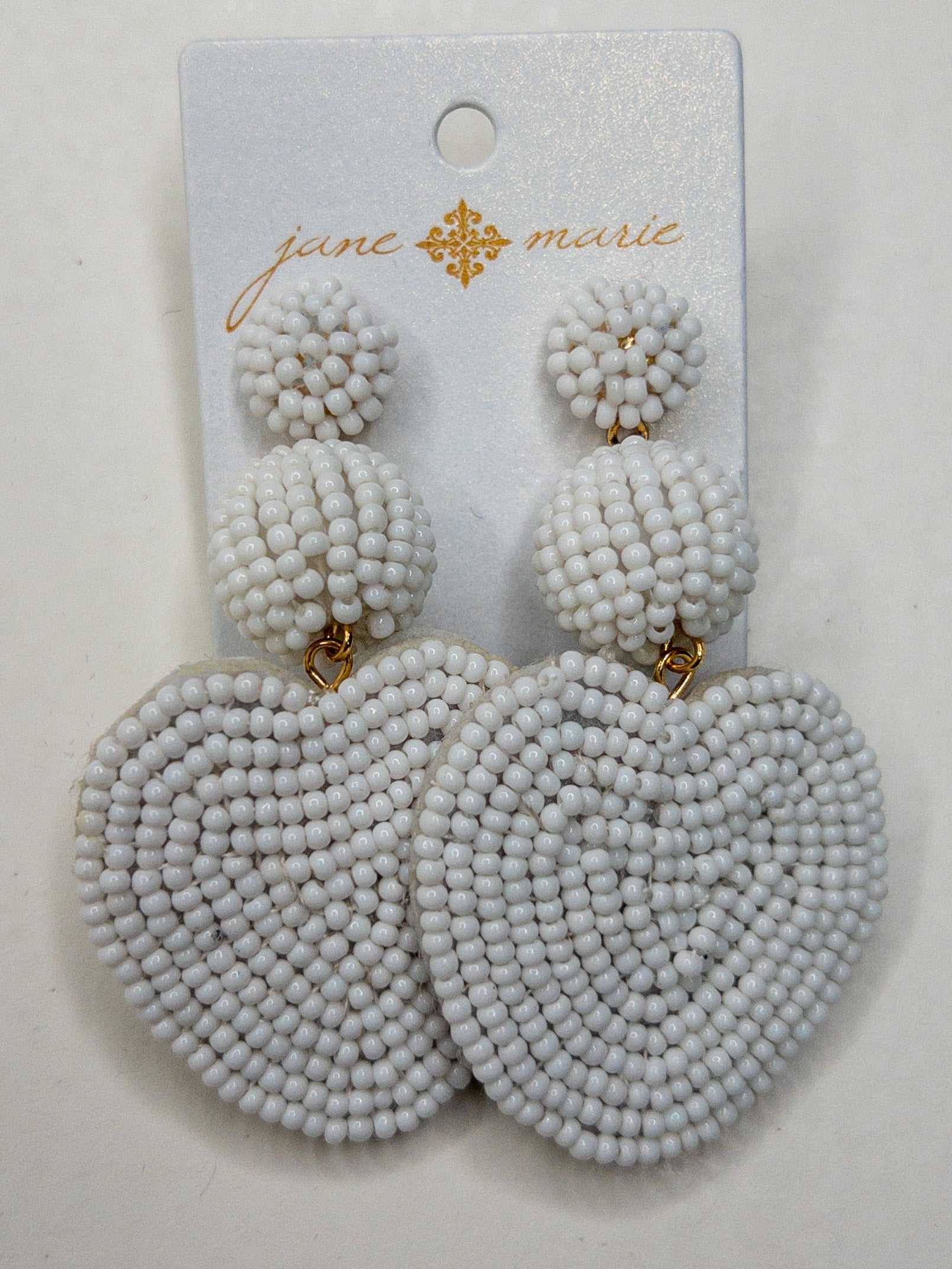 JANE MARIE 3 DROP WHITE BEADED HEART EARRINGS