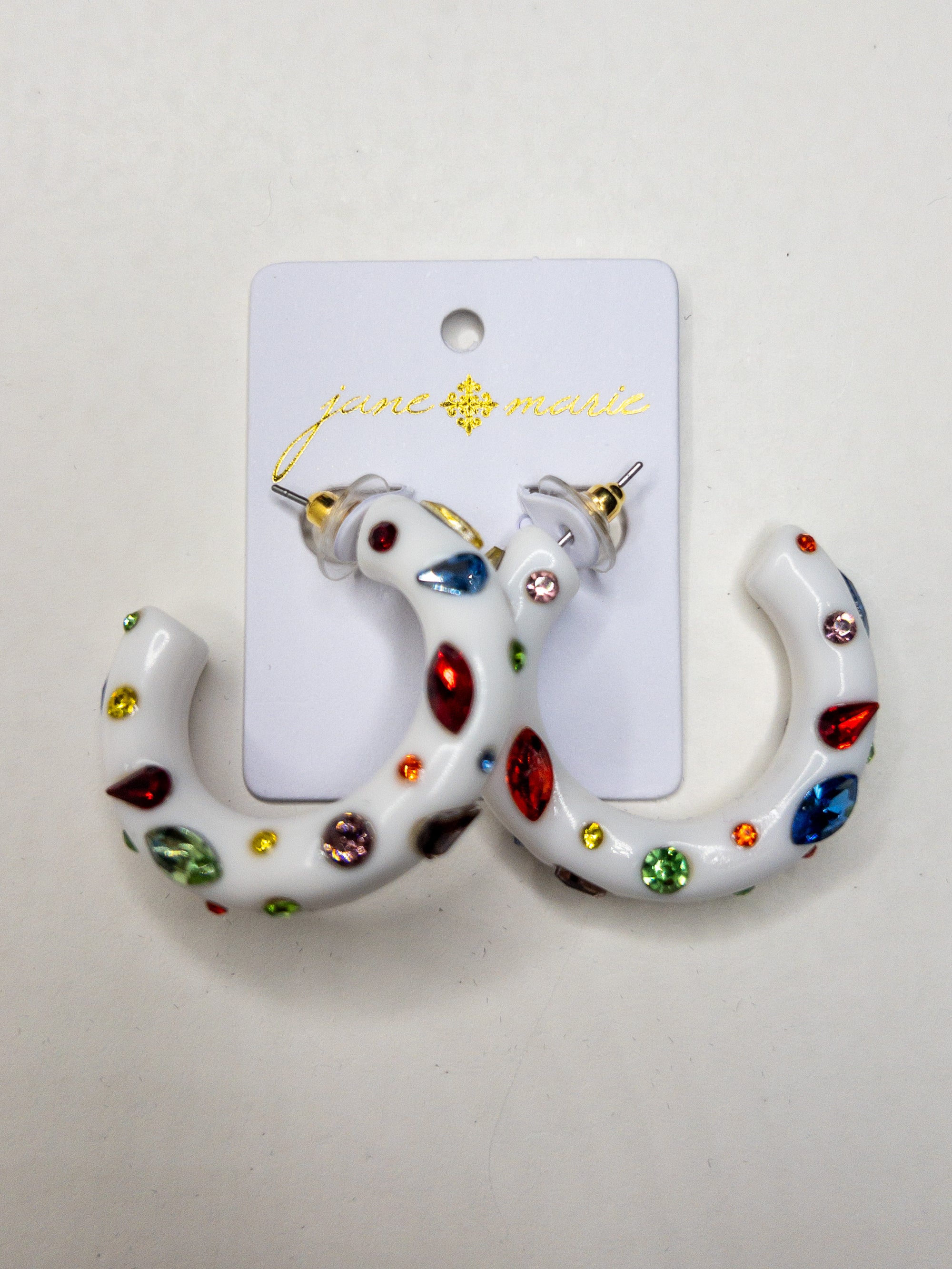 JANE MARIE WHITE THICK HOOPS WITH MULTI GEM