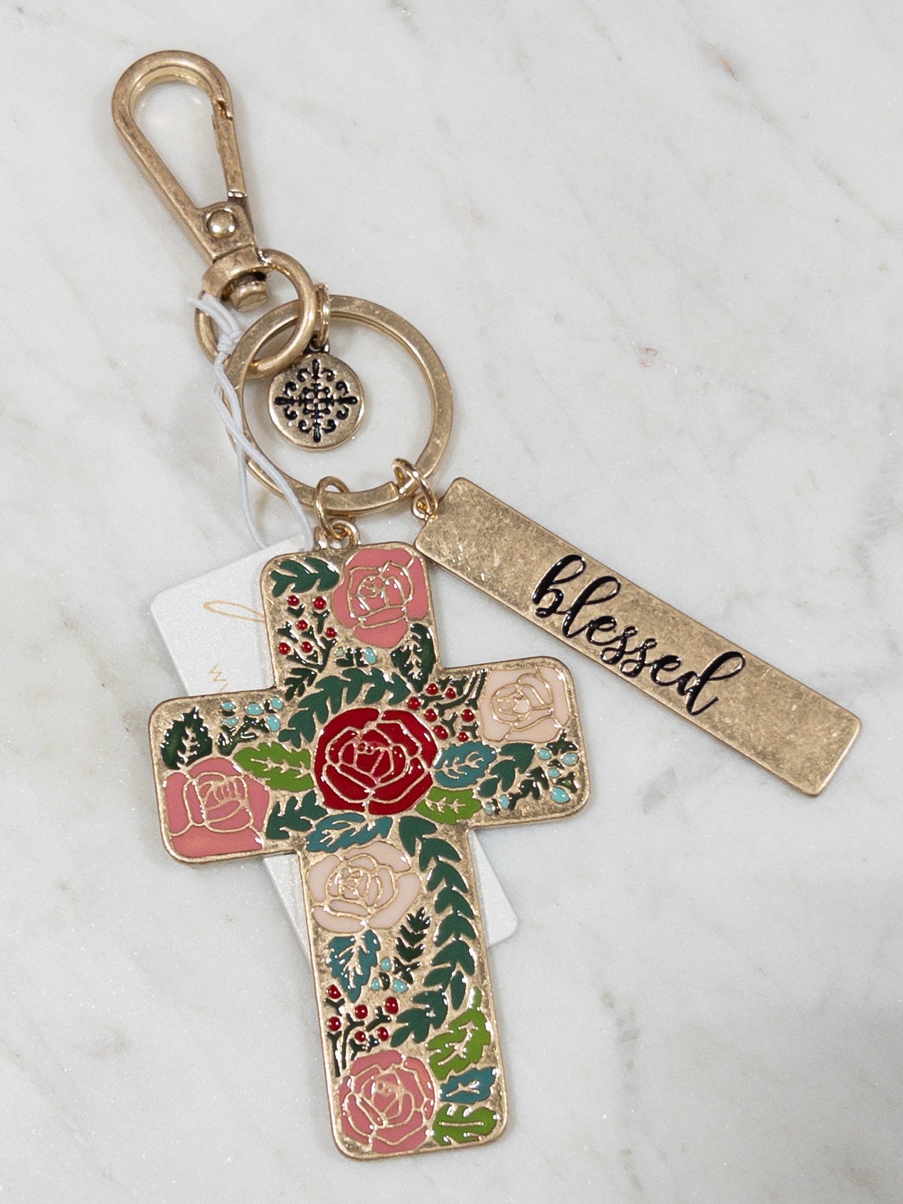 JANE MARIE FLORAL CROSS BLESSED KEYCHAIN