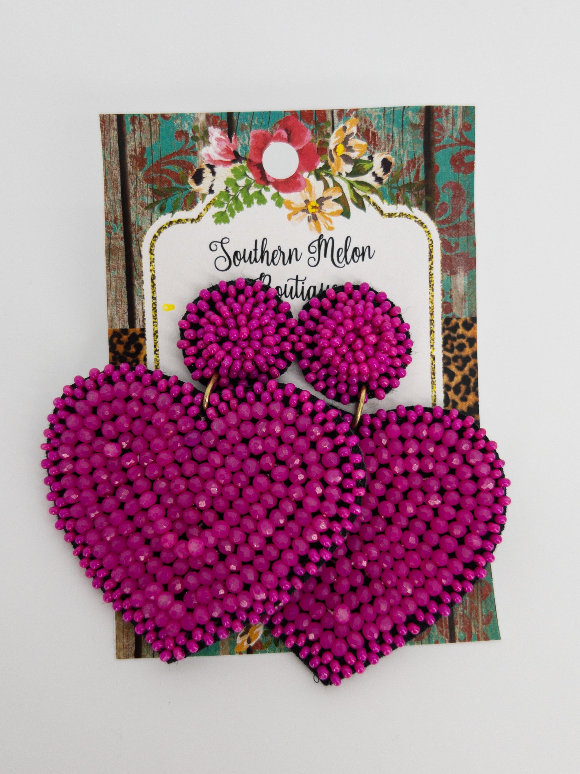 MAGENTA BEADED HEART EARRINGS