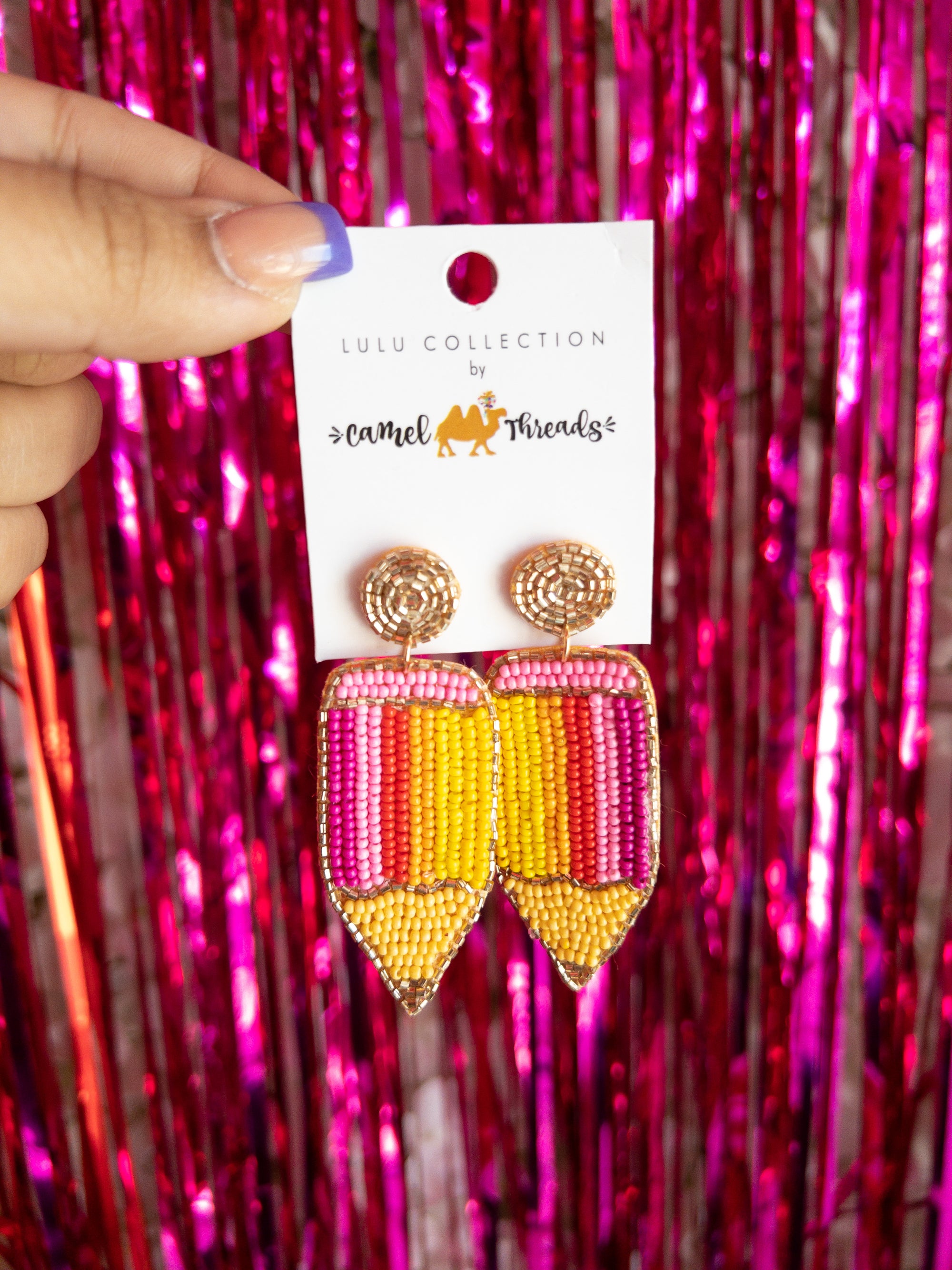 BEADED PENCIL CAMEL THREAD EARRINGS