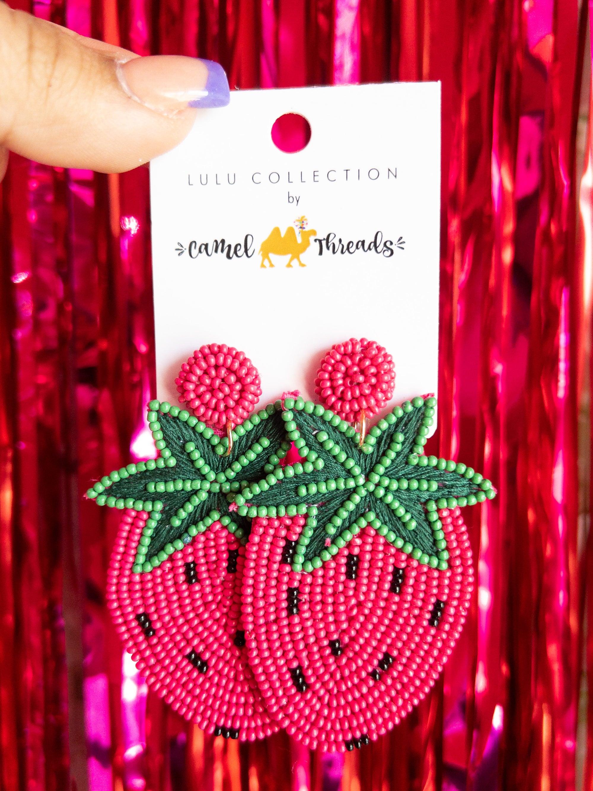 BEADED STRAWBERRIES CAMEL THREAD EARRINGS