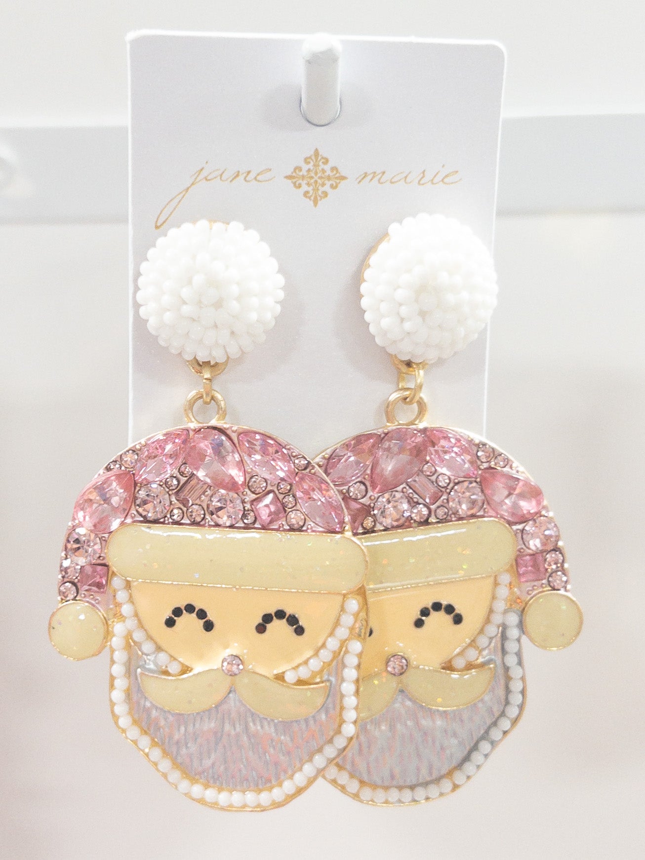 WHITE BEADED POST PINK SANTA JANE MARIE