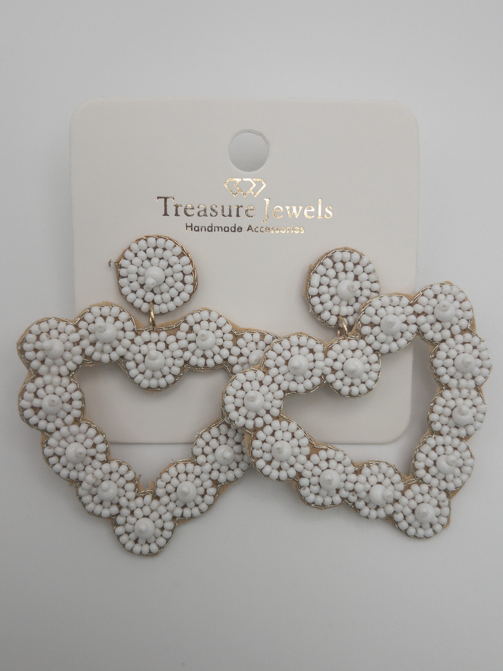 WHITE BEADED HEART TREASURE JEWEL EARRINGS