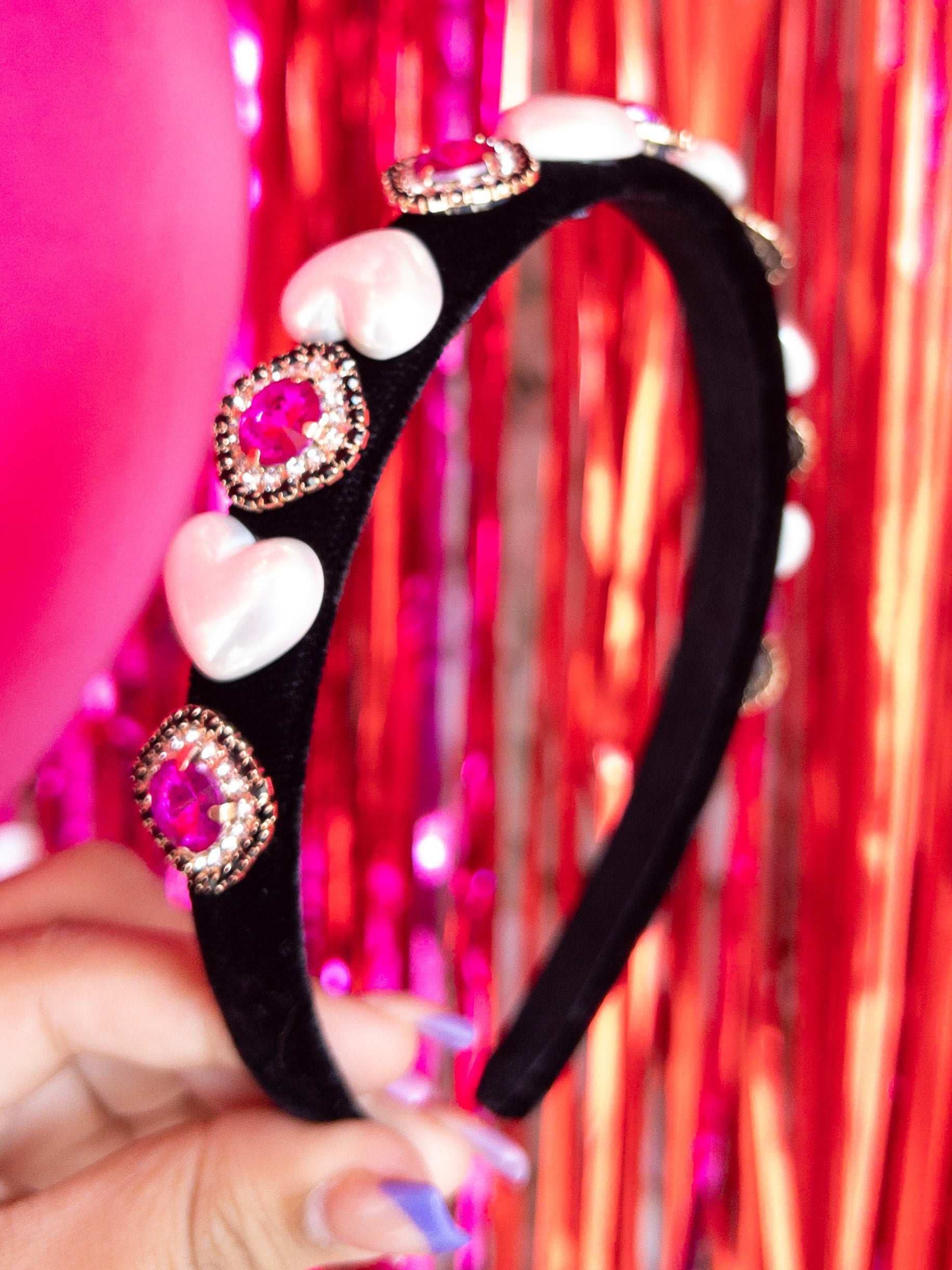 BLACK VELVET WITH PEARL HEARTS AND CRYSTAL BRIANNA CANNON HEADBAND