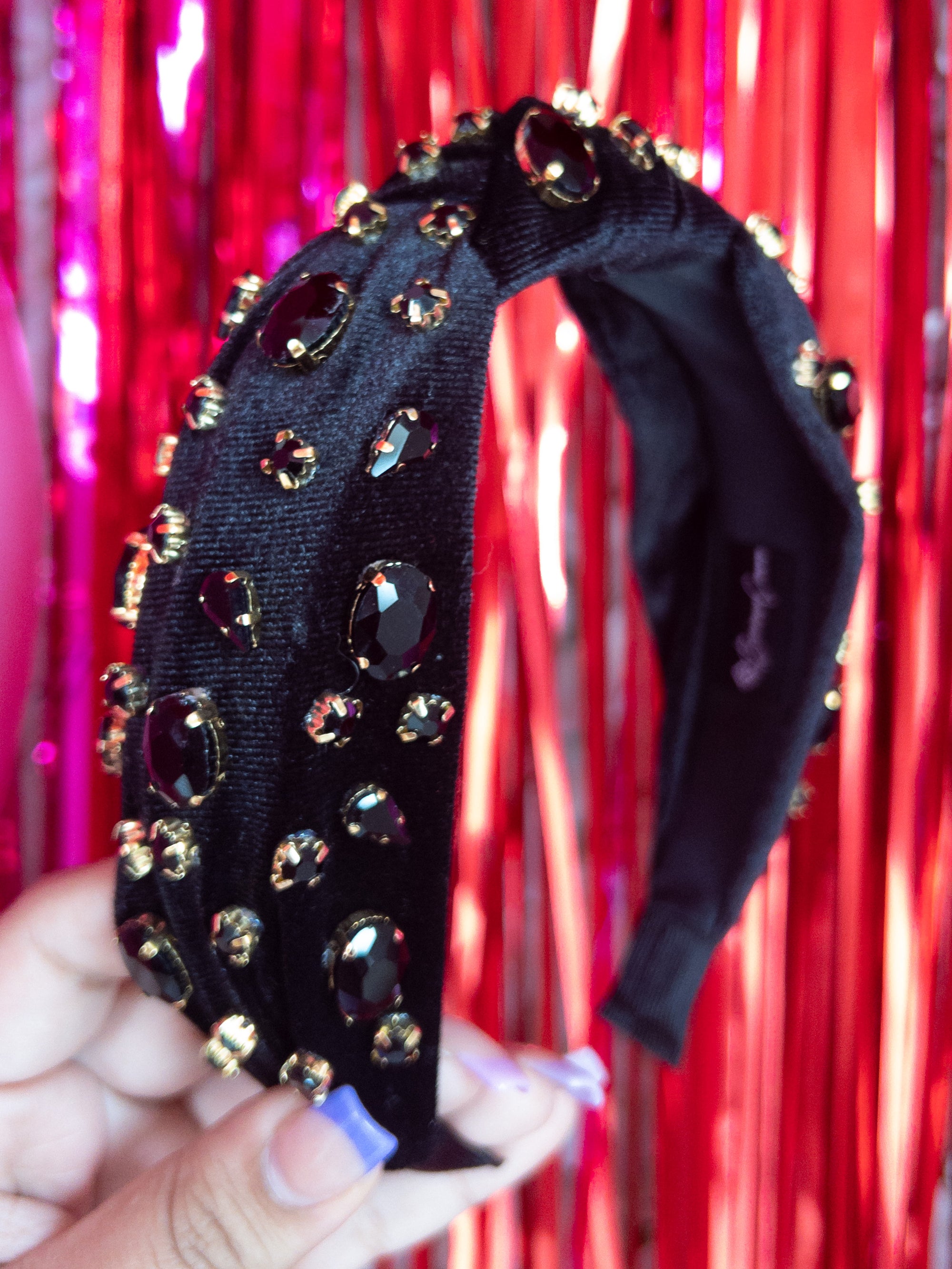 BLACK VELVET KNOTTED BRIANNA CANNON HEADBAND WITH BLACK GEMS