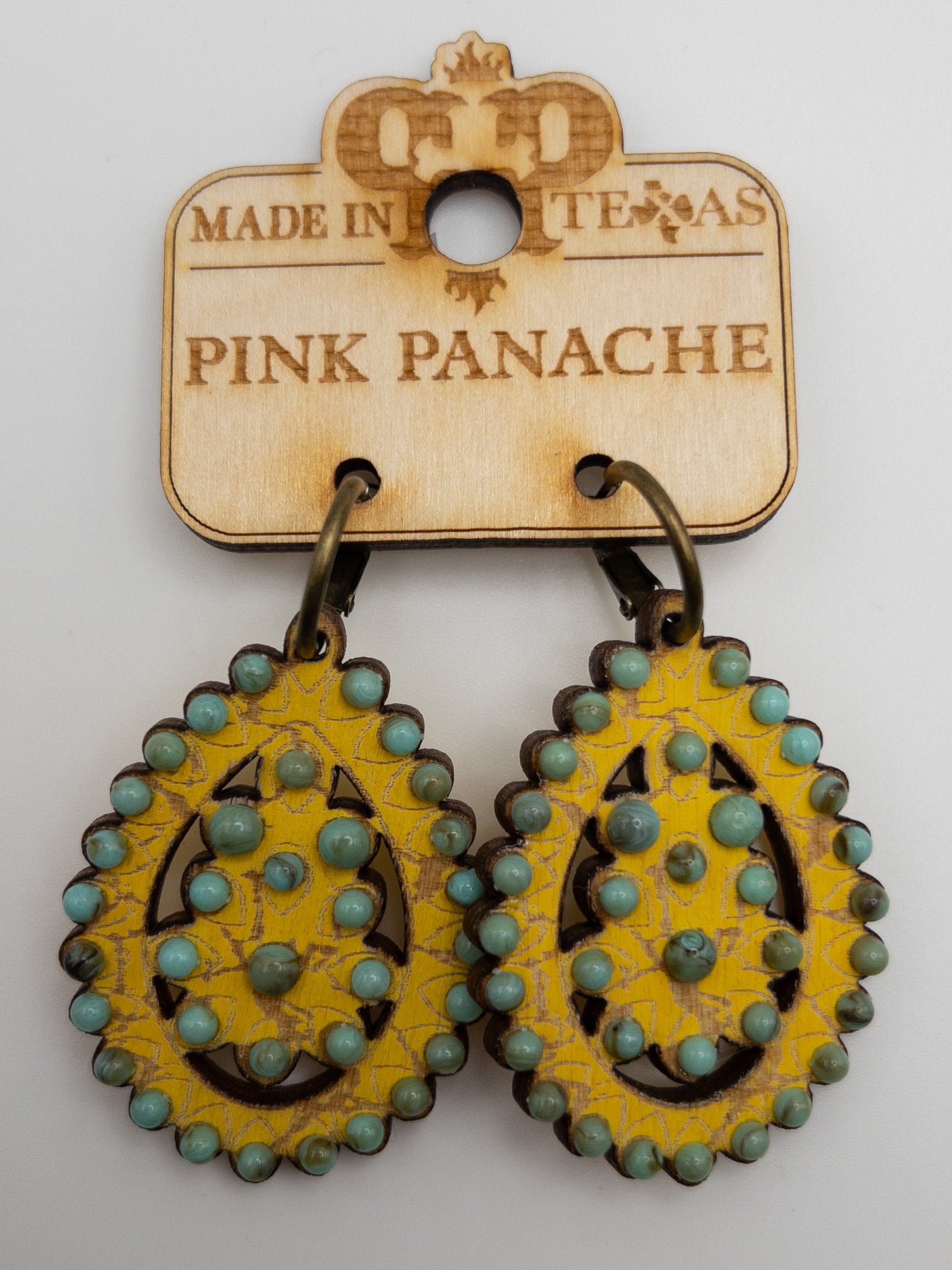 YELLOW AND TEAL PINK PANACHE WOODEN DANGLES