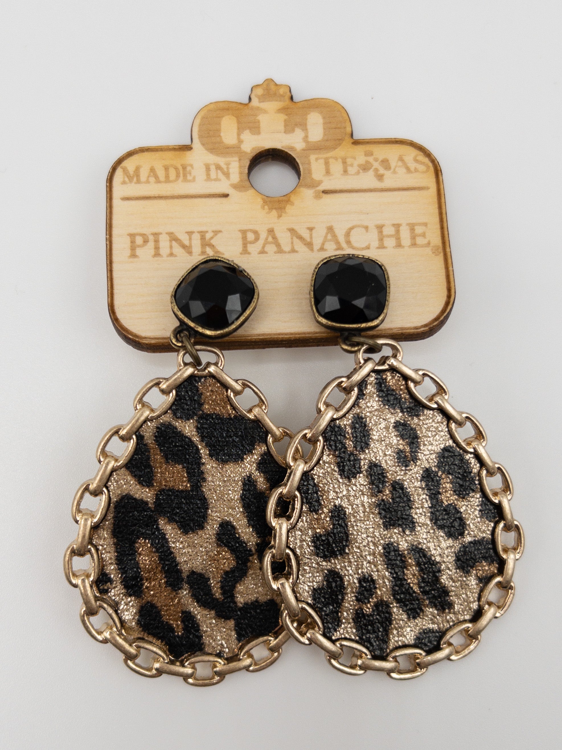 LEOPARD CHAINED PINK PANACHE TEARDROP DANGLES