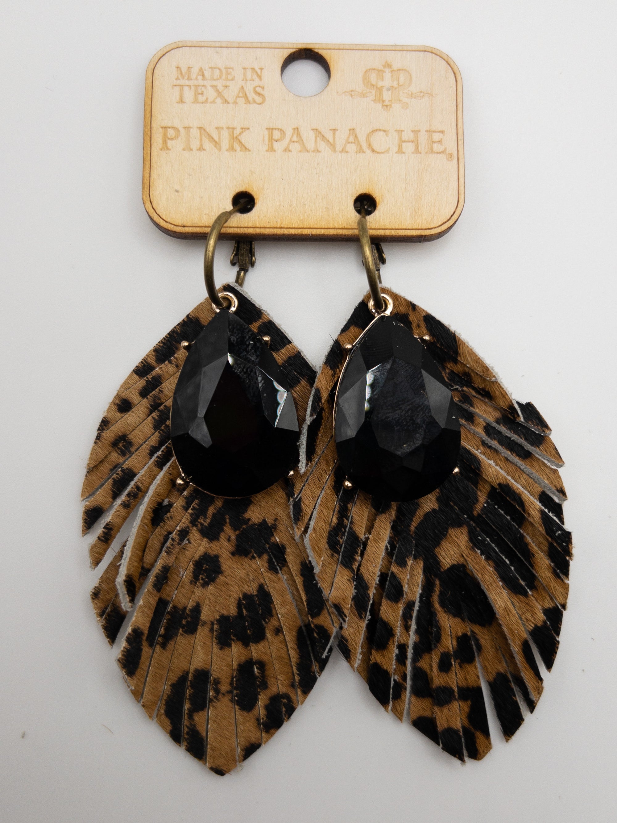 FEATHERED TAN LEOPARD WITH BLACK GEM PINK PANACHE DANGLES