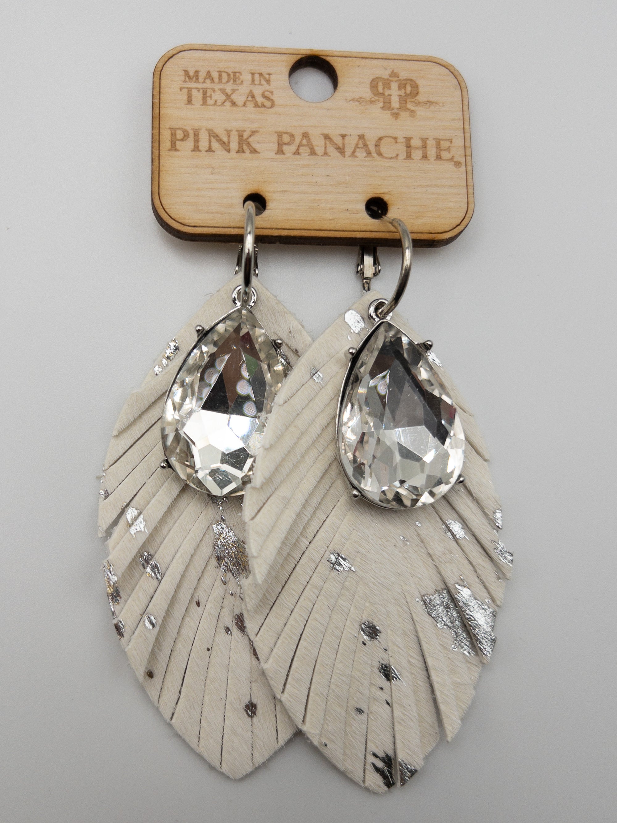 WHITE FEATHERED WITH CLEAR GEM PINK PANACHE DANGLES