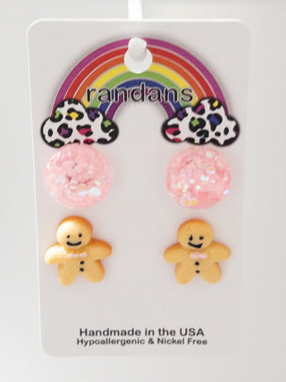 GINGERBEAD MAN AND PINK GLITTER STUD SET RANDANS JEWELRY
