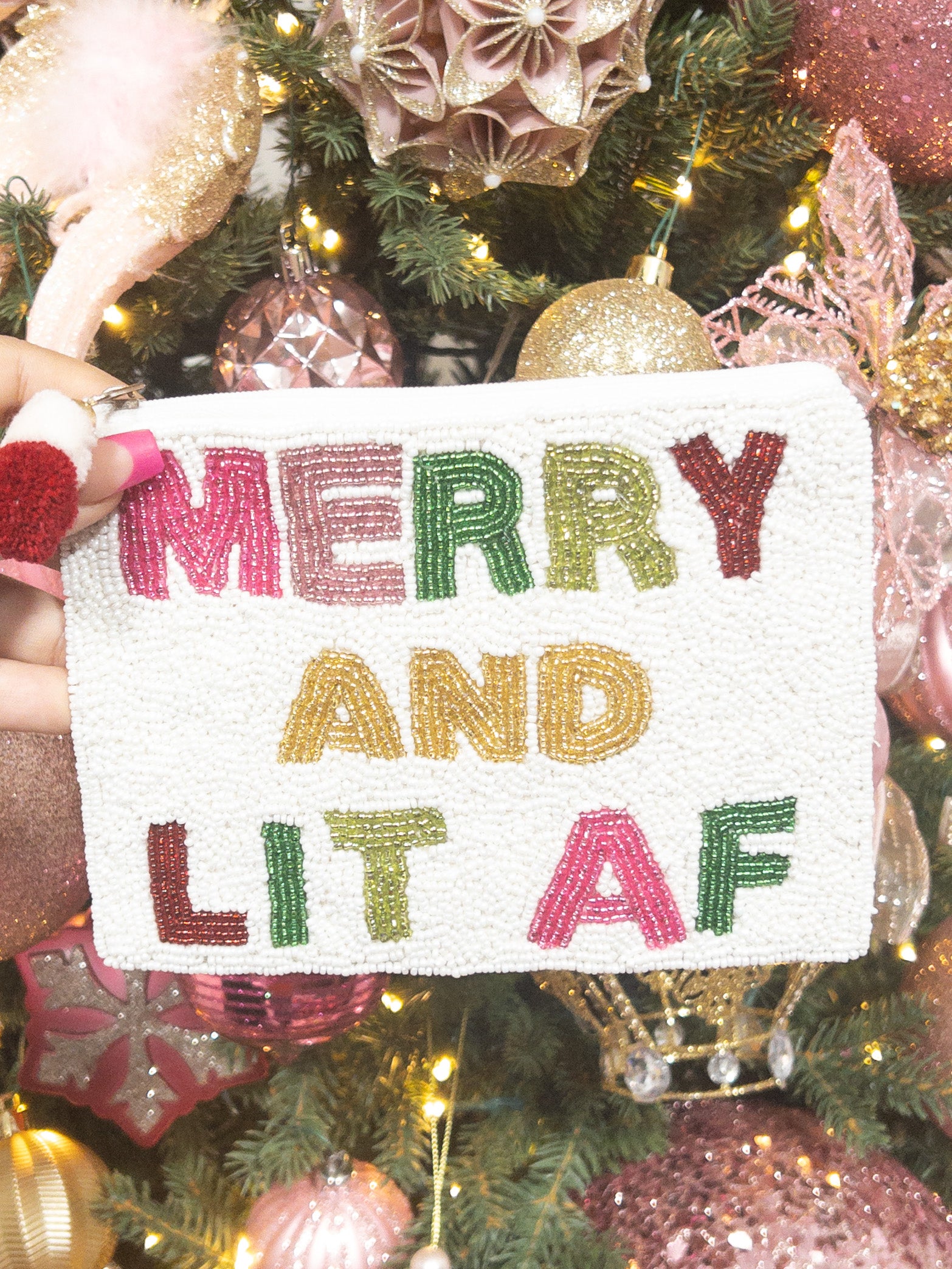 MERRY AND LIT AF BEADED COIN POUCH