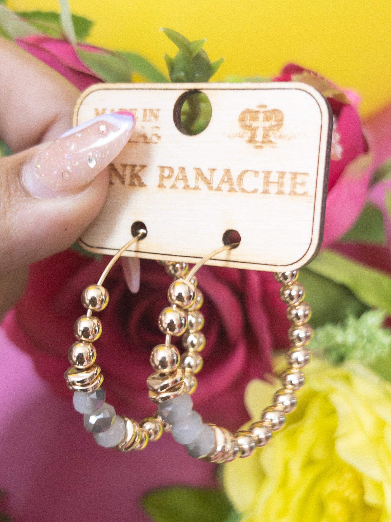 GOLD HOOPS WITH GREY AND WHITE ACCENT BEADS PINK PANACHE