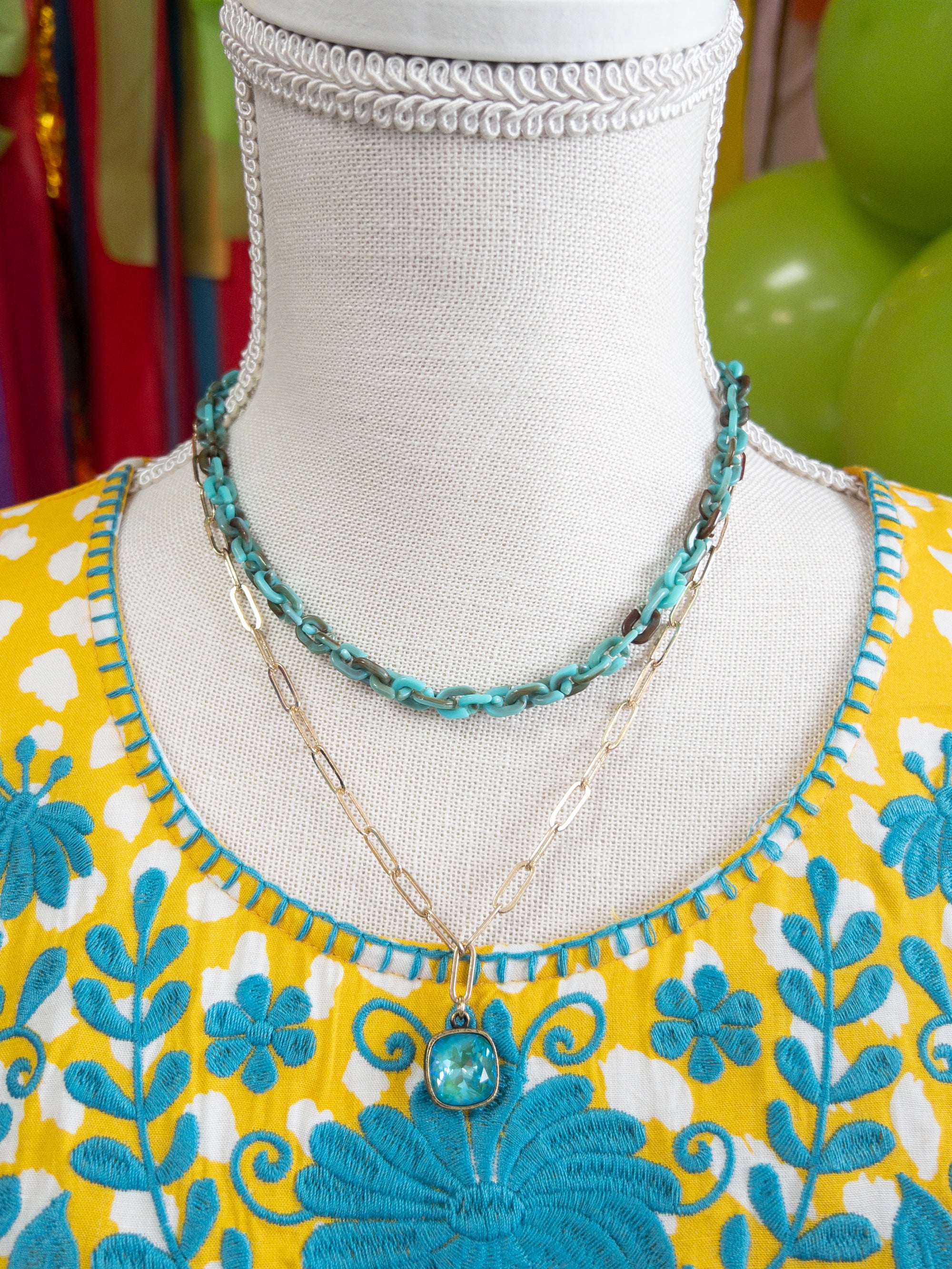 TEAL LAYERED PINK PANACHE NECKLACE