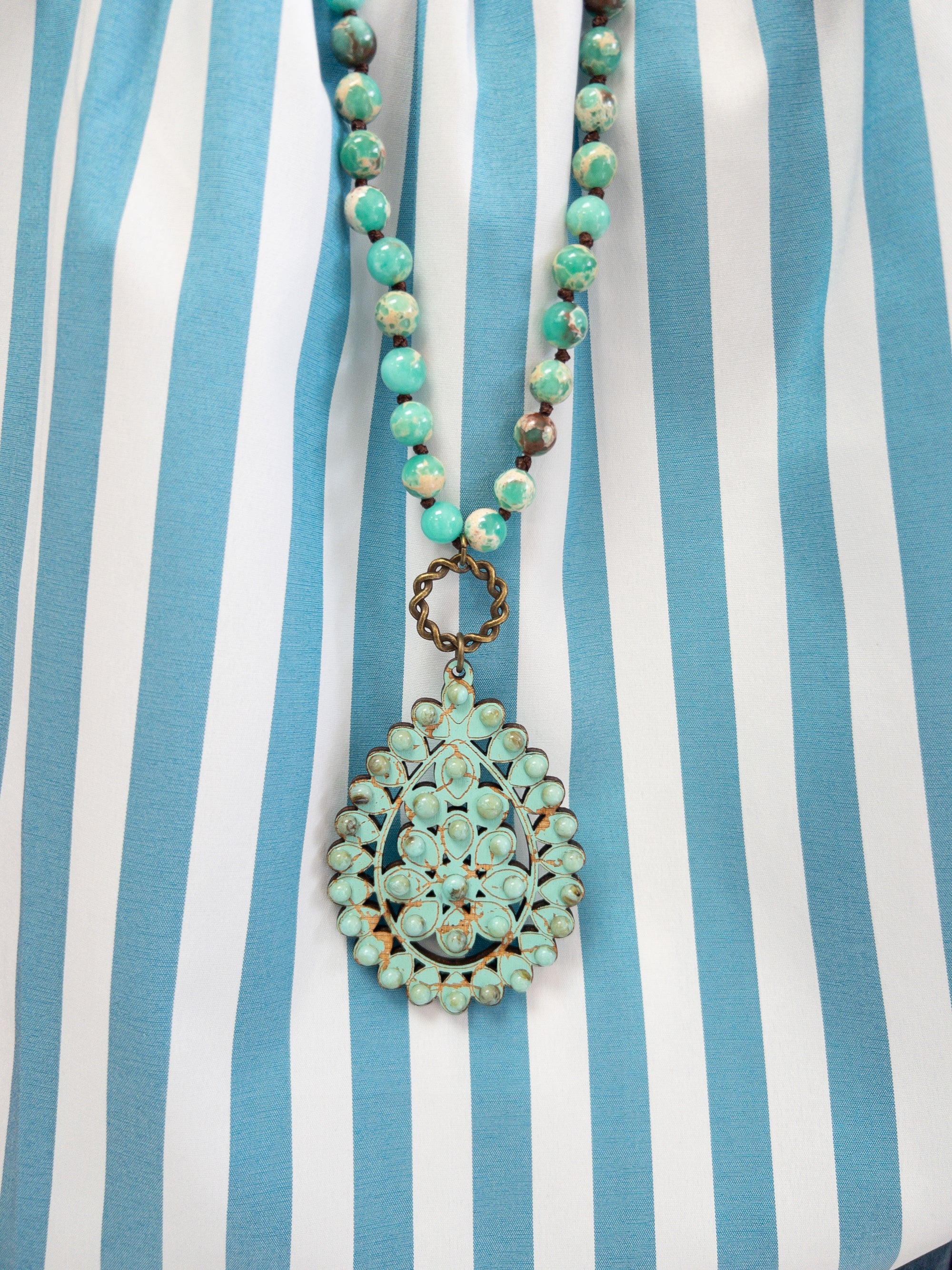 TRUE TEAL PINK PANACHE XLONG WOODEN DANGLE NECKLACE