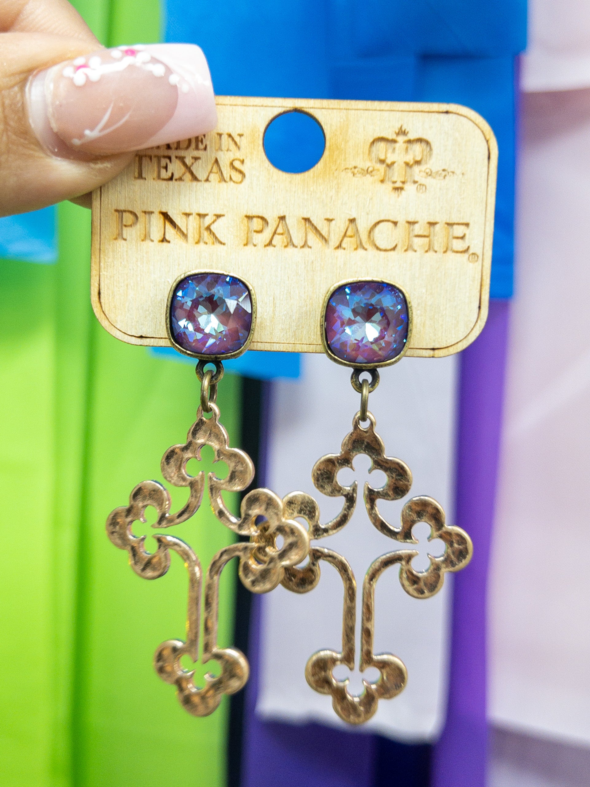 GOLD SHAPED PINK PANACHE CROSS DANGLES WITH PURPLE GEM