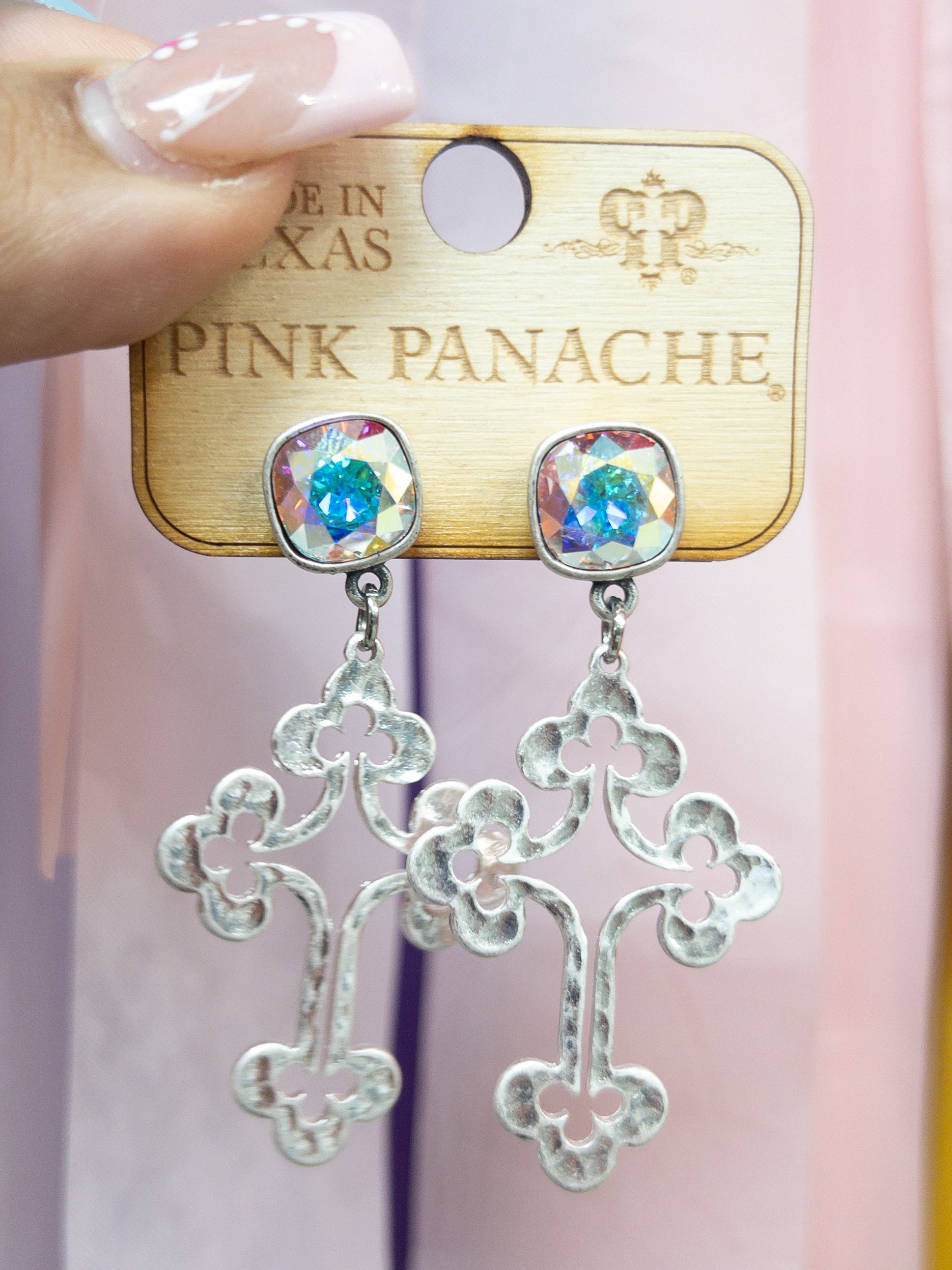 SILVER SHAPED PINK PANACHE CROSS DANGLES WITH IRIDESCENT GEM